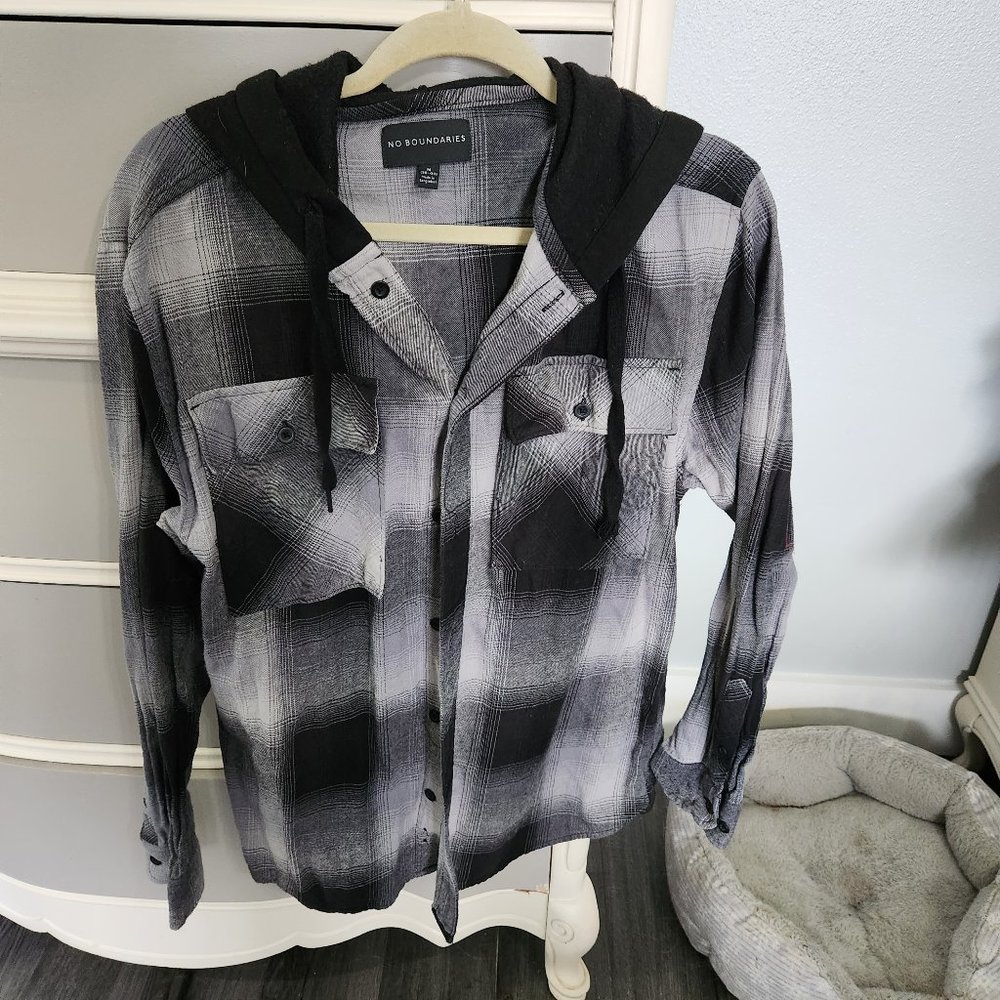 Button down flannel shirt with fleece hood